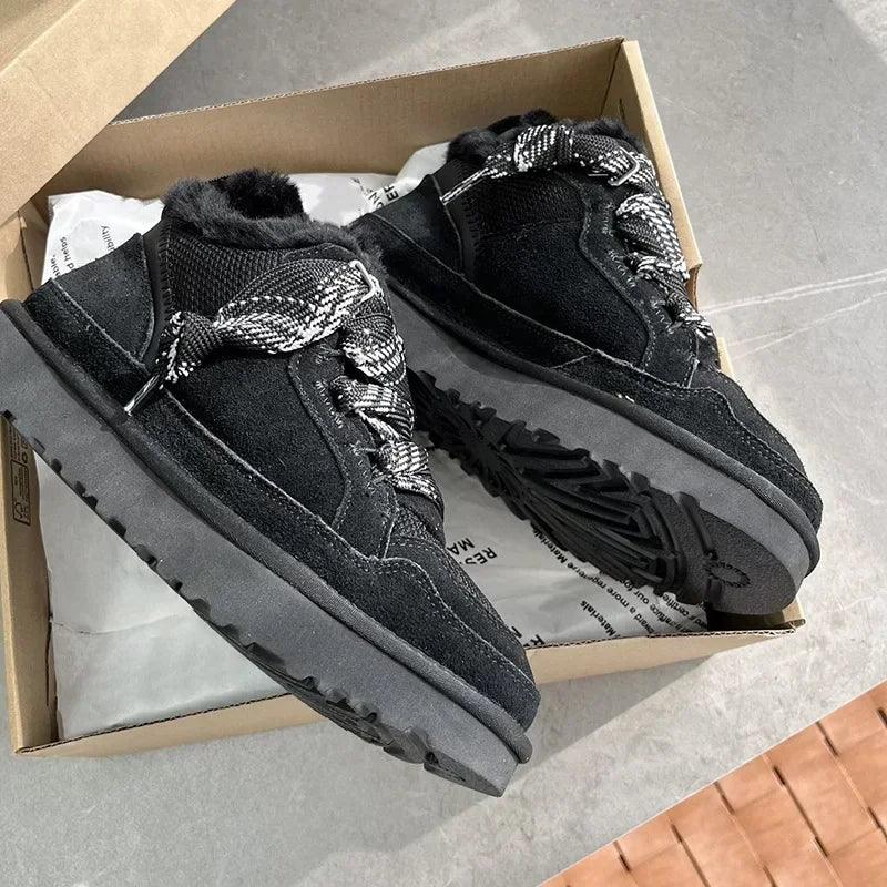 Snow Boots w/ Thick Sole & Sheepskin Fur Wool Black With Box