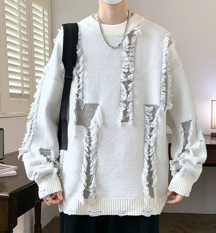 Men's Knit Sweater with Holes Autumnr and Winter Aesthetic Woven Korean Knitwear Popular Clothes Y2k Round Collar Pullovers Male
