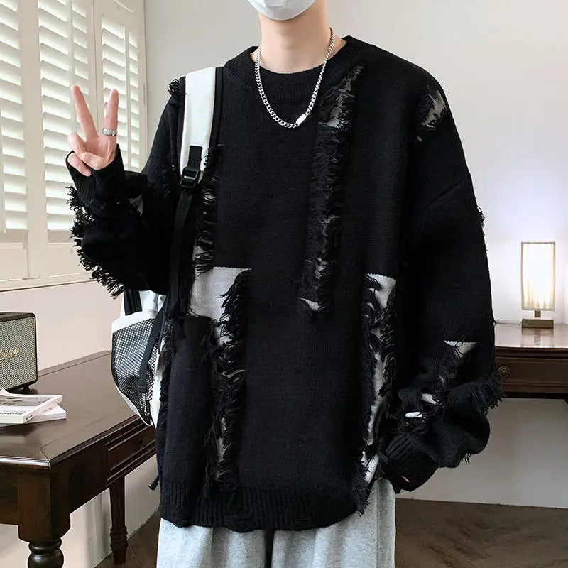 Men's Knit Sweater with Holes Autumnr and Winter Aesthetic Woven Korean Knitwear Popular Clothes Y2k Round Collar Pullovers Male