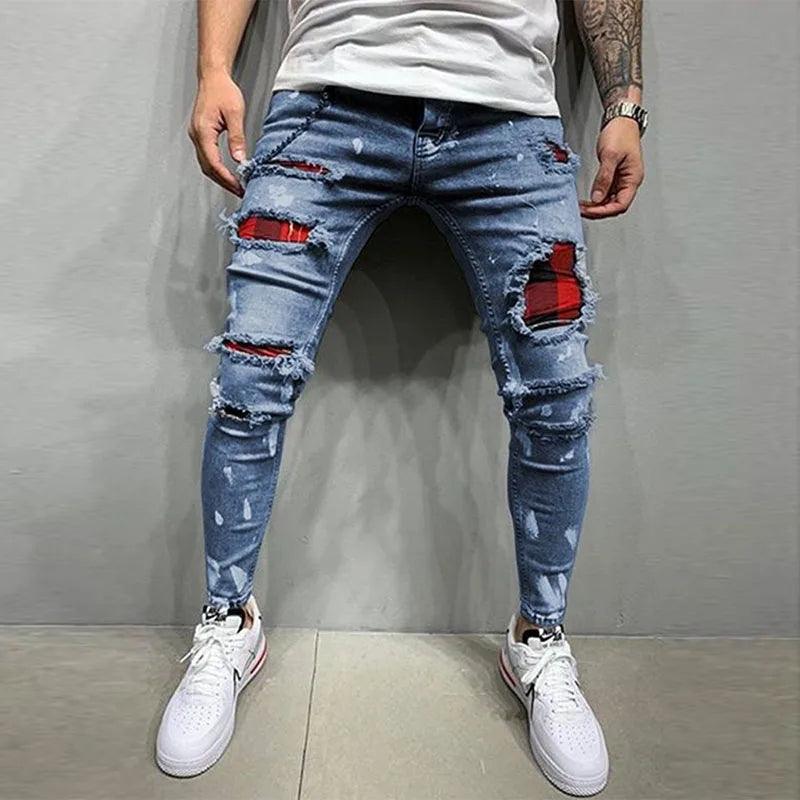New Skinny Ripped Jeans w/ Grid Hole Plaid Patches 93Blue