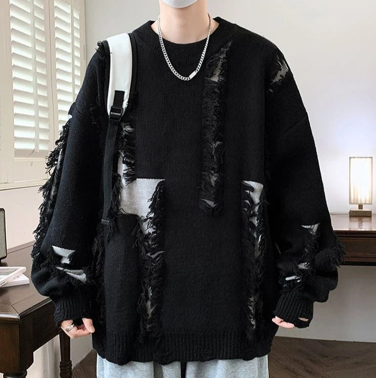Men's Knit Sweater with Holes Autumnr and Winter Aesthetic Woven Korean Knitwear Popular Clothes Y2k Round Collar Pullovers Male