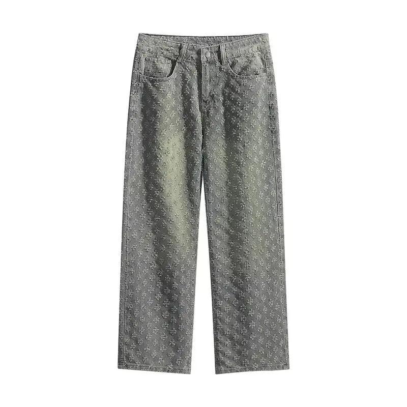 Jacquard Pattern Denim Vintage Jean Coat | Casual Lapel Shirt Wide-Leg Pants BUNDLE A111 Blue pants
