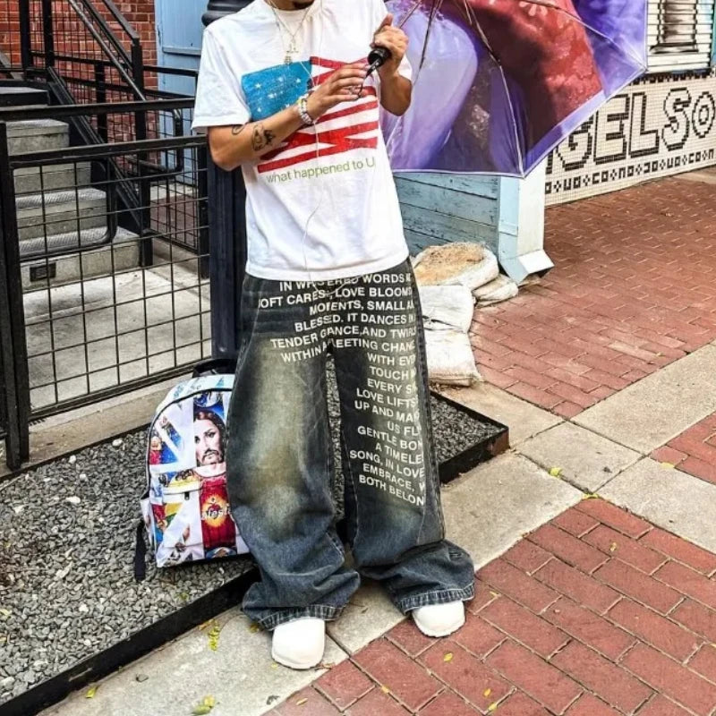 American Retro Patterned Alphabet Men Jeans