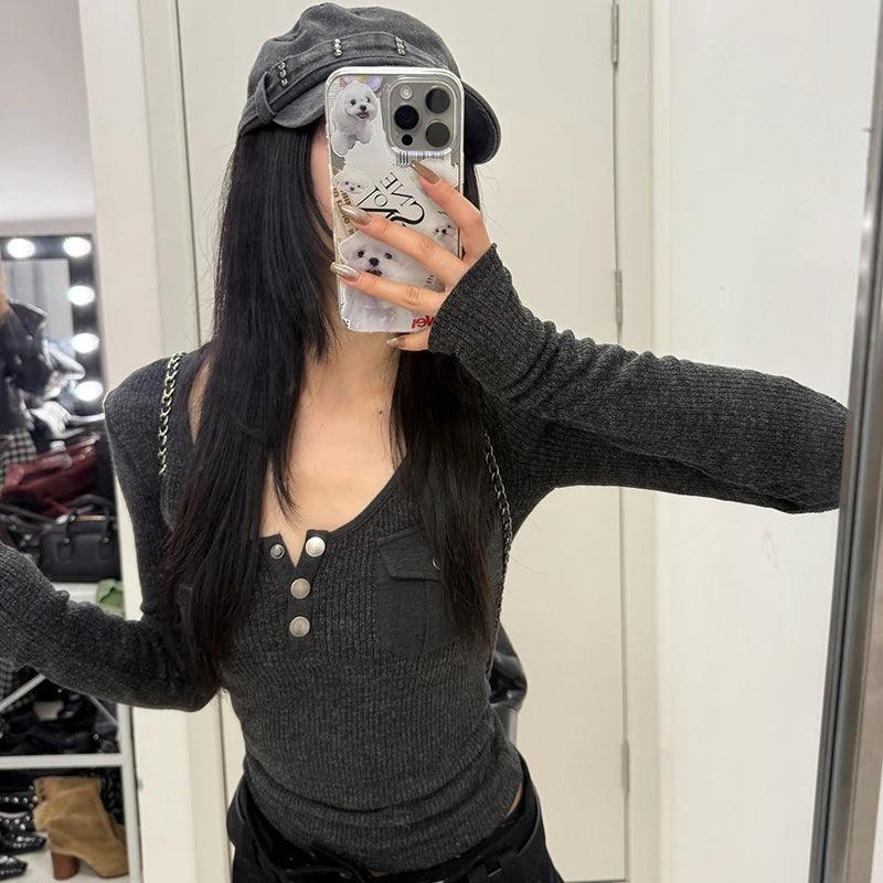 Vintage Long Sleeve Skinny Y2k Crop Top Streetwear Drak Grey