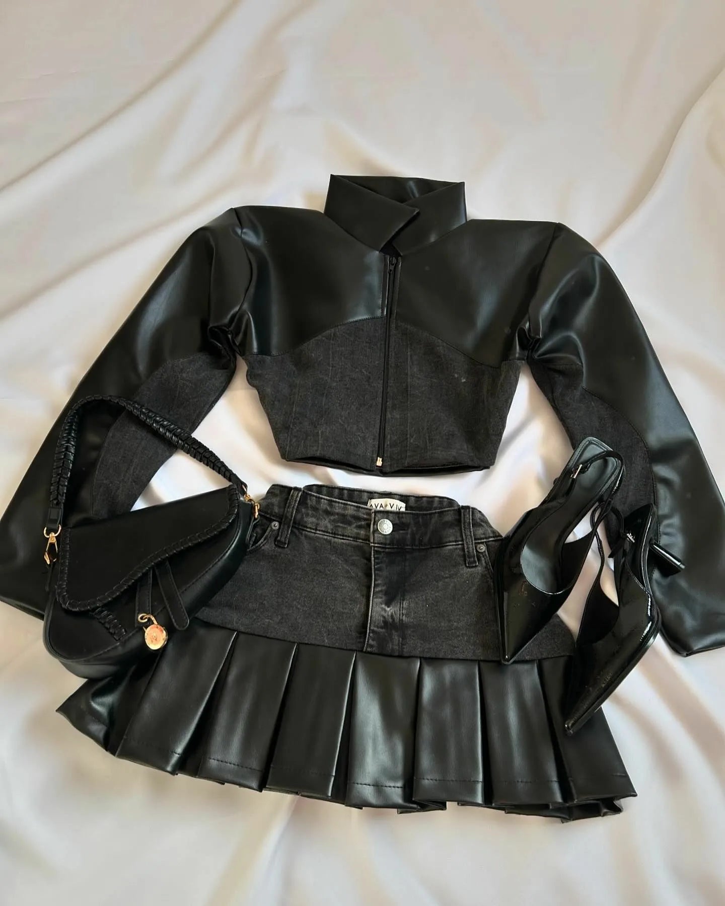 Leather Spliced Denim Black Two Piece Set | Gothic Long Sleeve Zipper Jacket Mini Pleated Skirt - Amplify