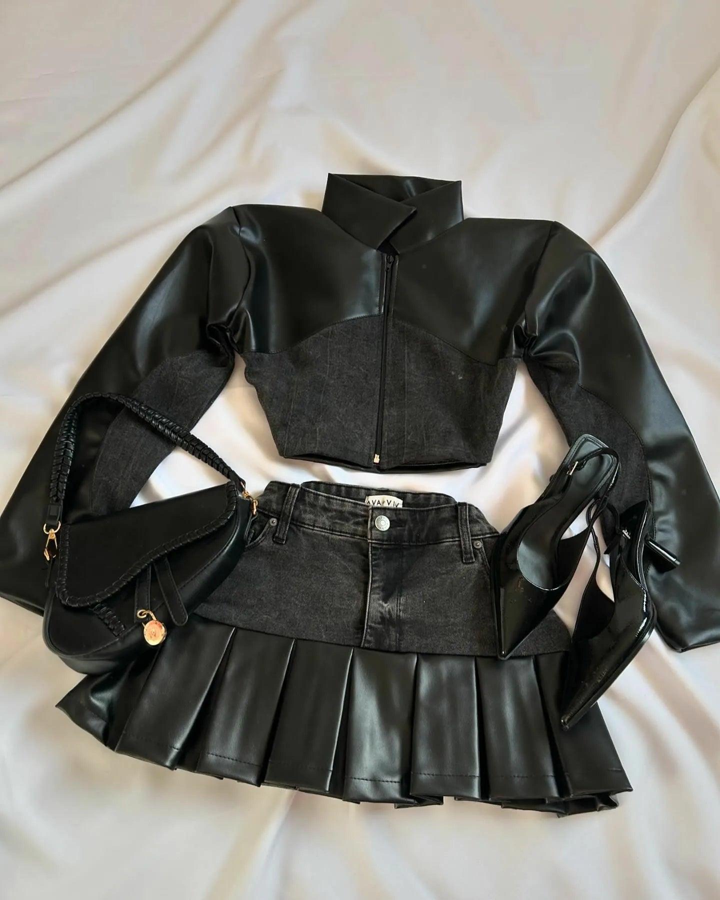 Leather Spliced Denim Black Two Piece Set | Gothic Long Sleeve Zipper Jacket Mini Pleated Skirt Two piece set5