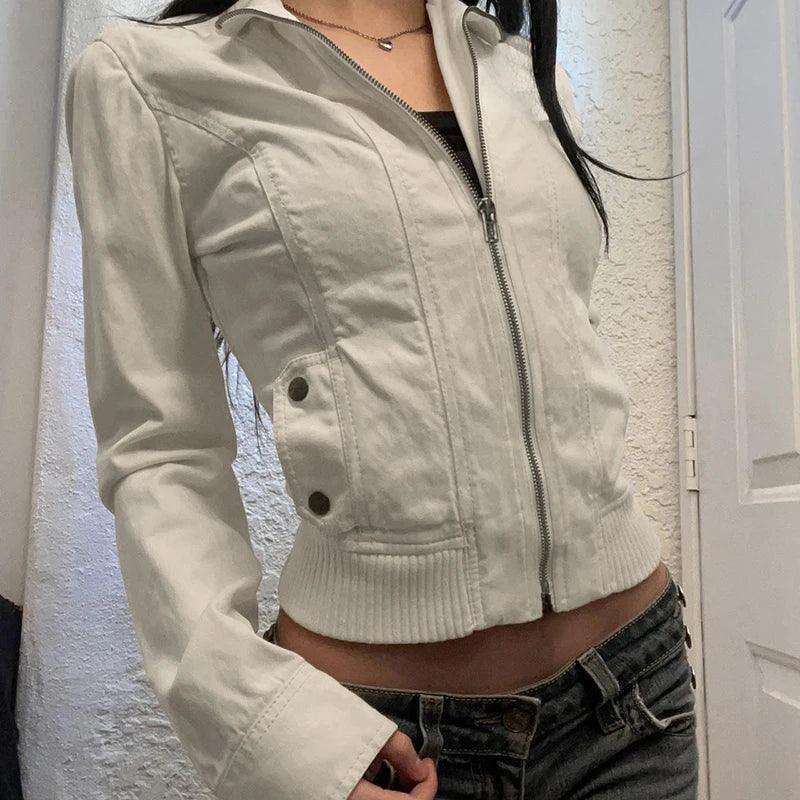 Vintage Cropped Jacket | Women’s Casual Coat Slim Pocket Zip Up Brown