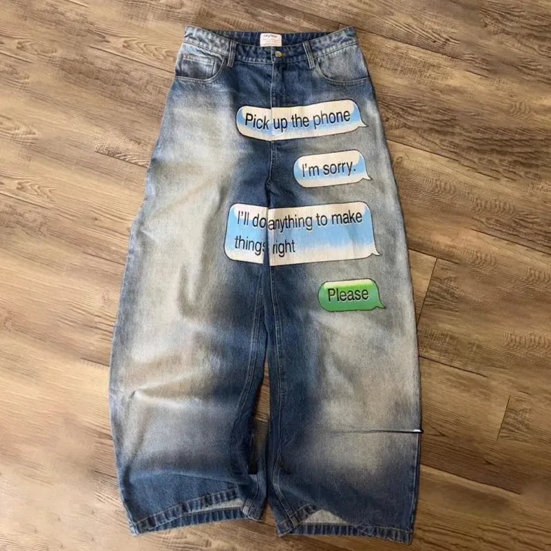 Y2K men Jeans American Pattern letter jeans 2000s vintage Harajuku gothic fashion Hip Hop men women aesthetic Daily Streetwear