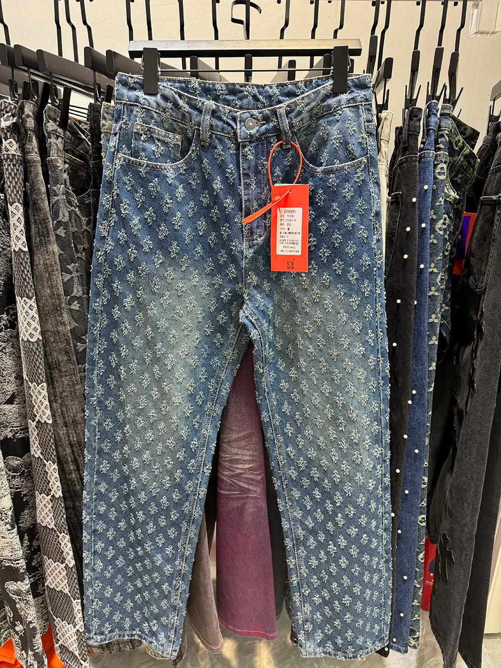 Jacquard Pattern | Denim Baggy Bottoms Distressed Dark Blue