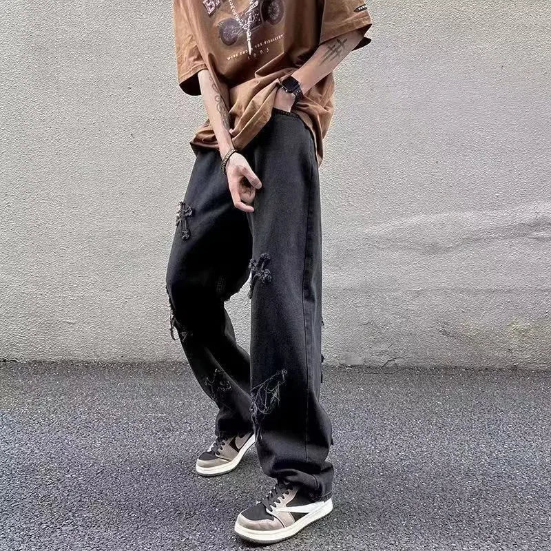 Men Straight Leg Denim Jeans Male New Fashion Casual Loose High Street Y2k Pants New Wide Leg Hip Hop Black Blue Pants