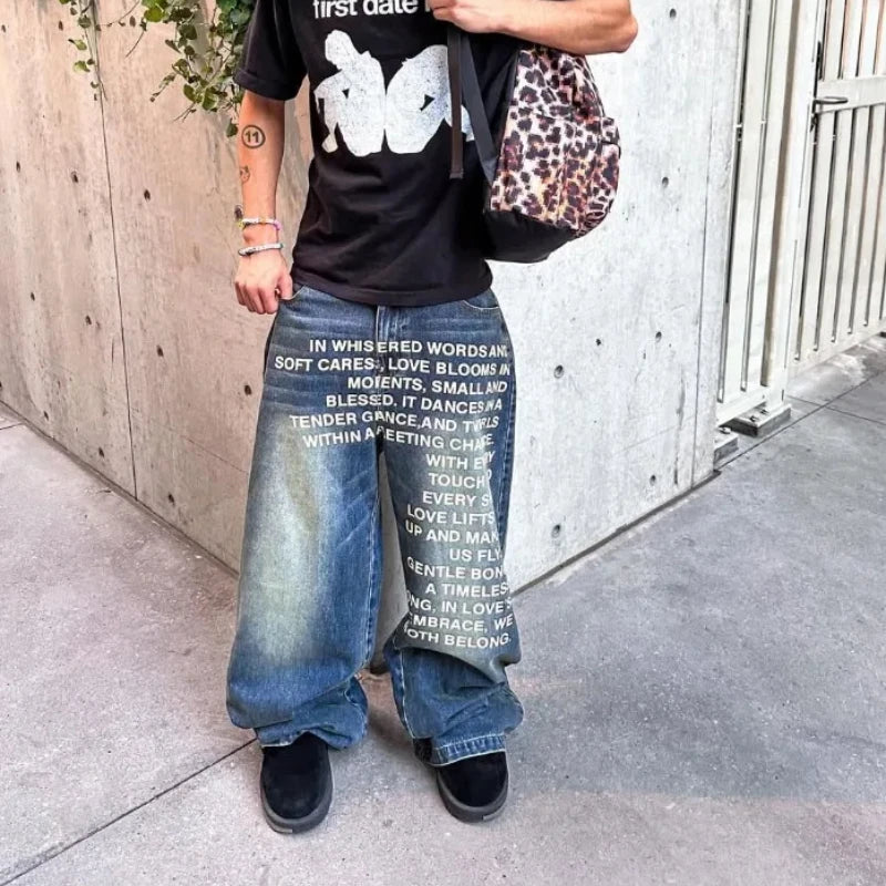 American Retro Patterned Alphabet Men Jeans
