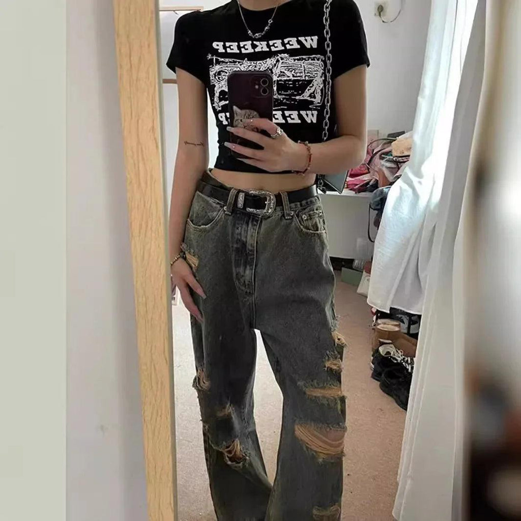 Trendy Loose-fit & High-waisted Ripped Jeans