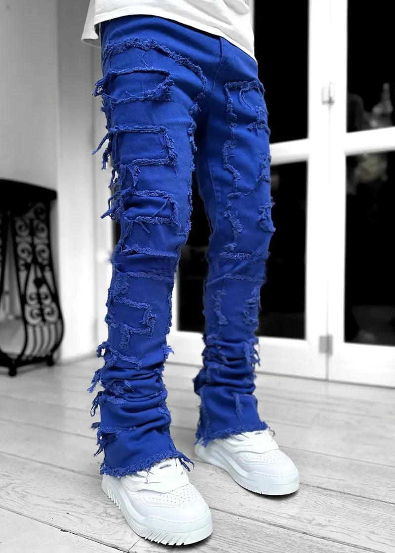 Ripped Slim Fit Destroyed Straight Denim Ocean Blue (Dark)