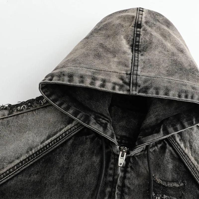 Wasteland Style Washed & Damaged Hooded Denim Jacket