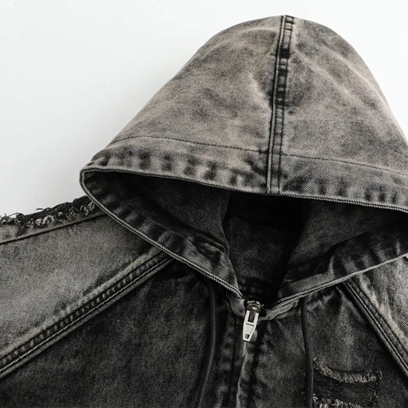 Wasteland Style Washed & Damaged Hooded Denim Jacket - Amplify