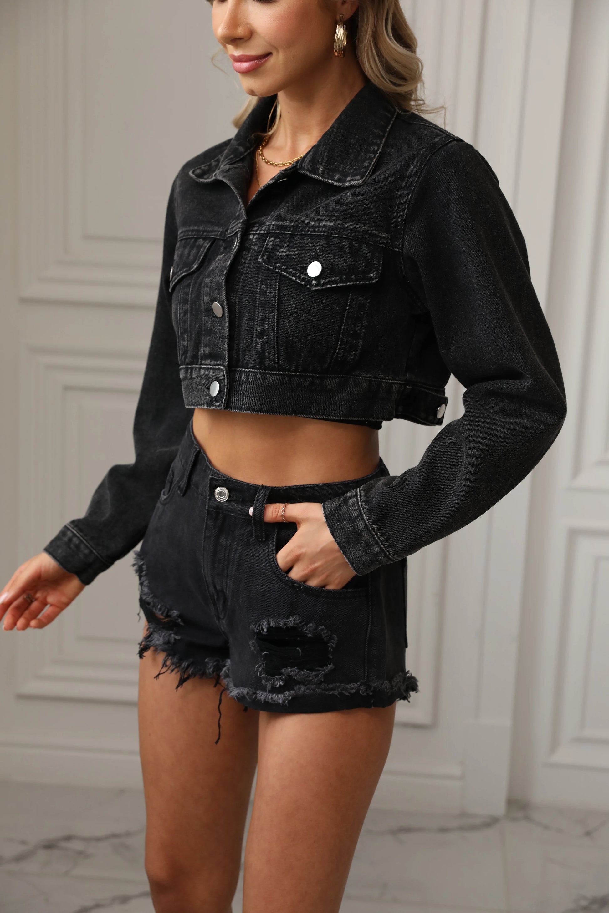 Cute Cropped Jean Jacket Button Up | Ripped, Frayed, Washed Denim Jacket - Amplify