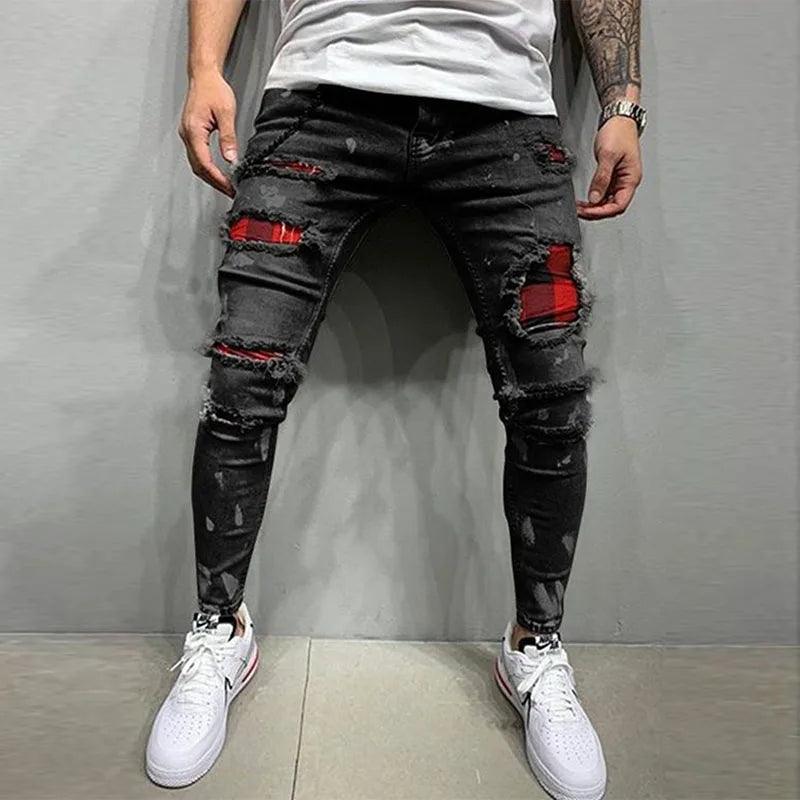 New Skinny Ripped Jeans w/ Grid Hole Plaid Patches 93Black