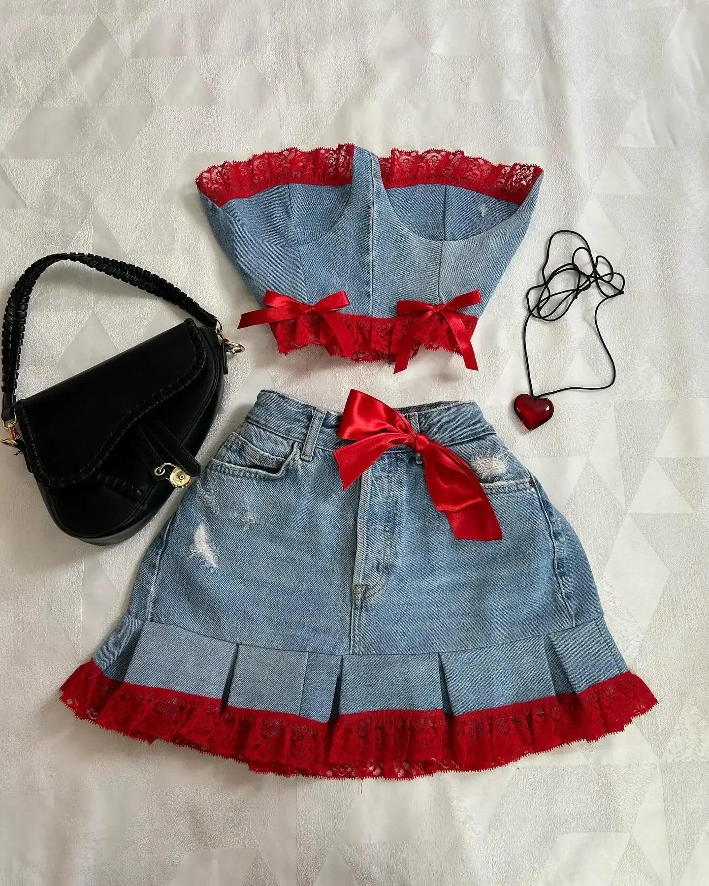 Leather Spliced Denim Black Two Piece Set | Gothic Long Sleeve Zipper Jacket Mini Pleated Skirt Two piece set1