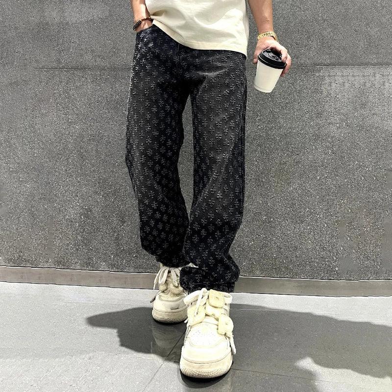 Jacquard Pattern | Denim Baggy Bottoms Distressed Dark Grey