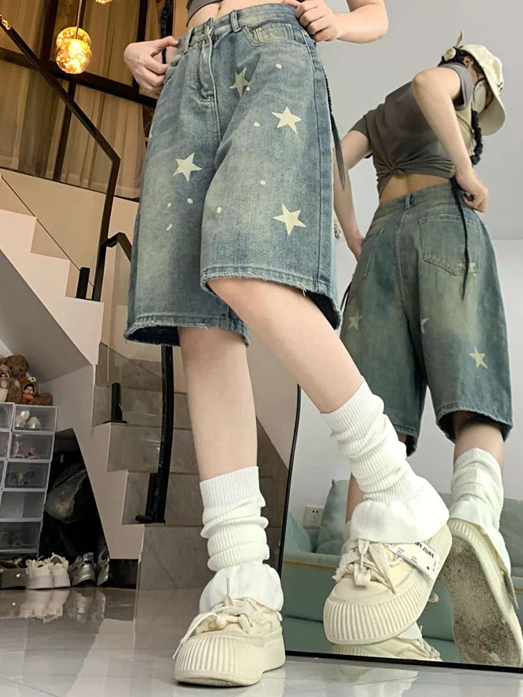 High Waist Old Star Knee Length Shorts