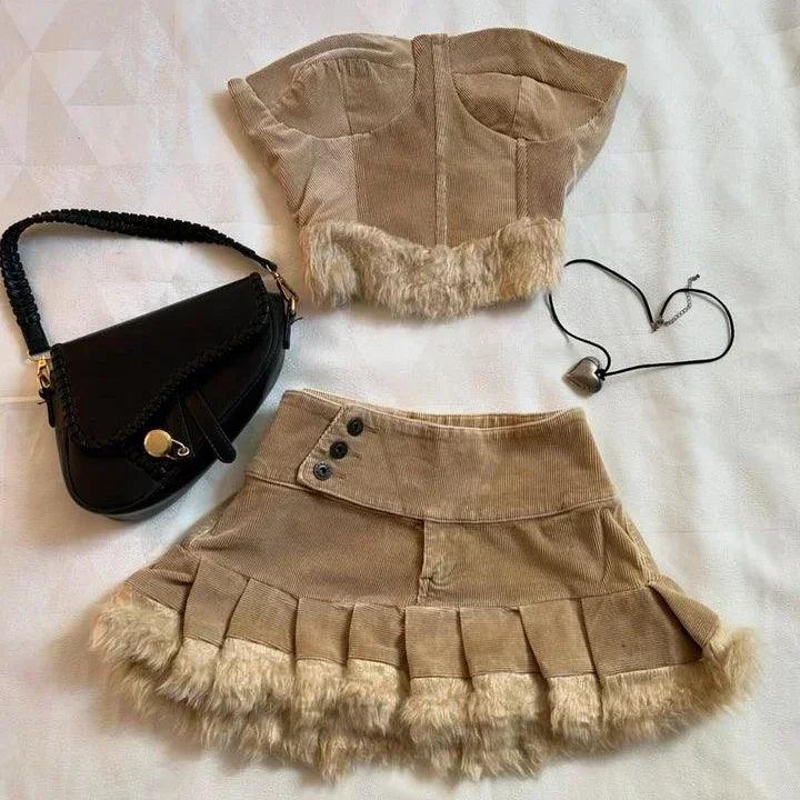 Leather Spliced Denim Black Two Piece Set | Gothic Long Sleeve Zipper Jacket Mini Pleated Skirt Two piece set3