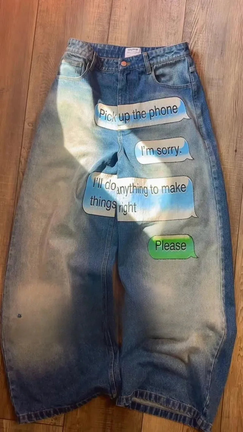 Y2K men Jeans American Pattern letter jeans 2000s vintage Harajuku gothic fashion Hip Hop men women aesthetic Daily Streetwear