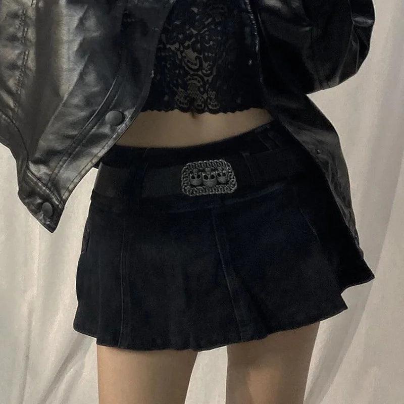 Women's Gothic Mini Skirt | Low Rise Black Pocket Patchwork