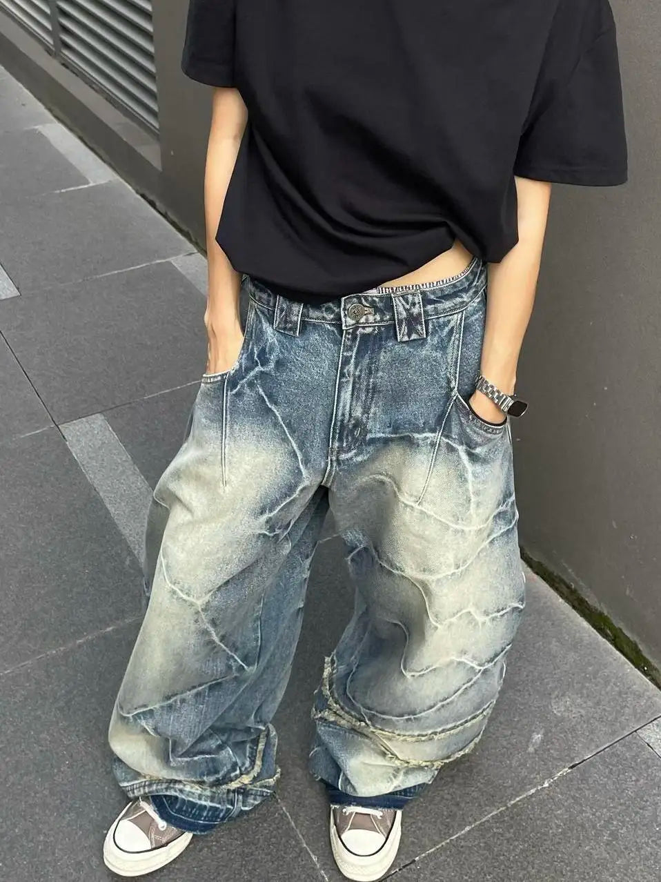 Y2K American Chic Lightning Textured Bristled Wide-leg Loose Jeans Women Gothic Retro Street Casual Jeans Couple Trousers Unisex