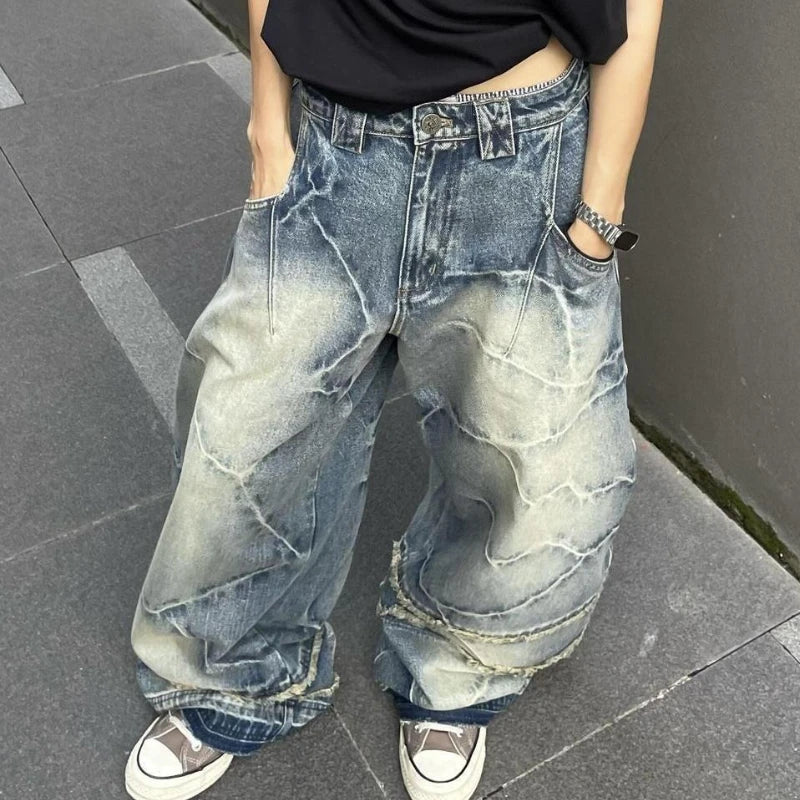 Y2K American Chic Lightning Textured Bristled Wide-leg Loose Jeans Women Gothic Retro Street Casual Jeans Couple Trousers Unisex
