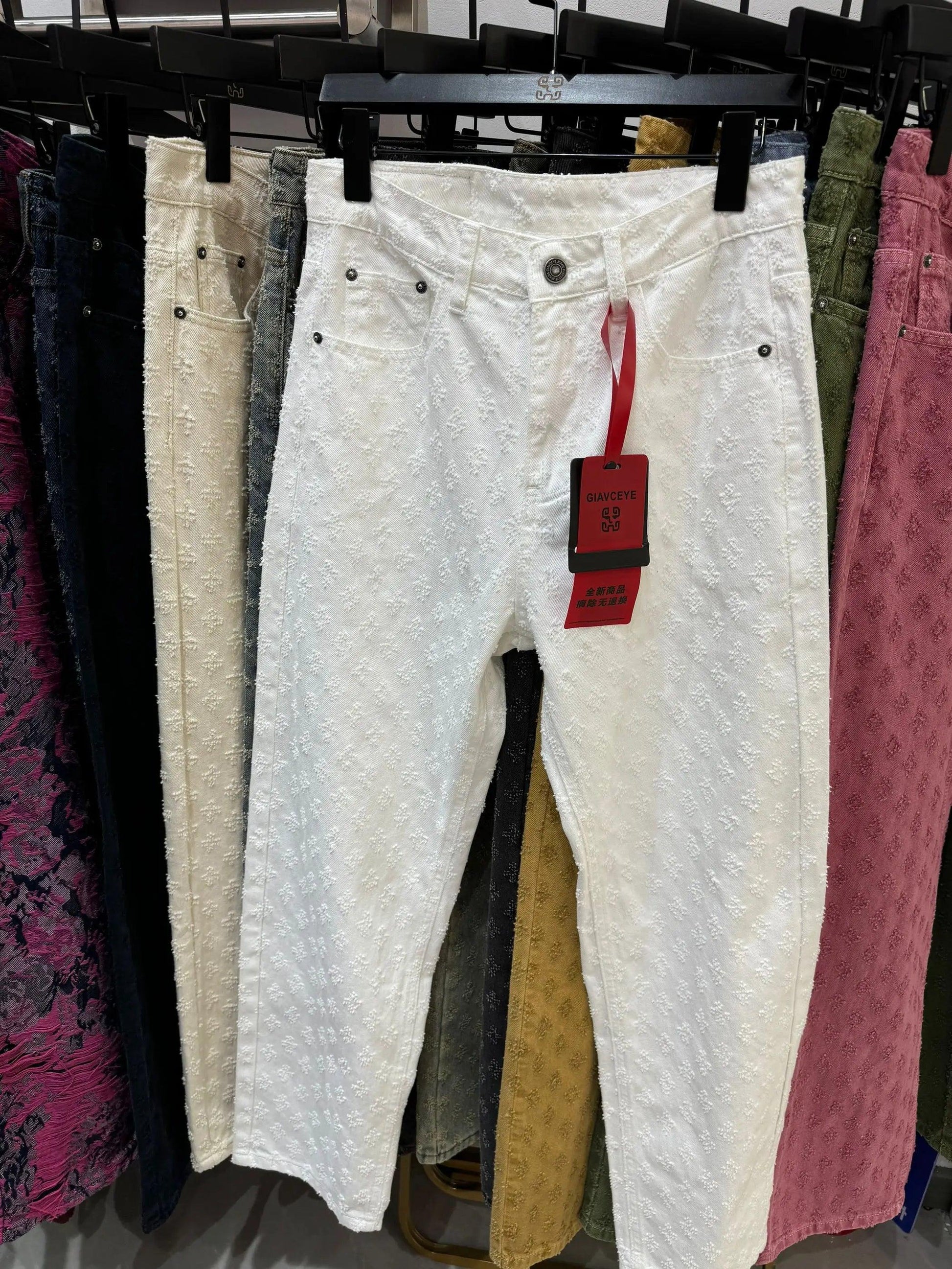 Jacquard Pattern | Denim Baggy Bottoms Distressed WHITE