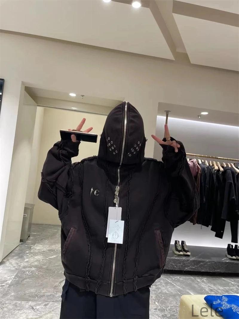 Y2K THUG CLUB VIBE | Wash Wax Dyed Zipper Shark Masked Hoodie