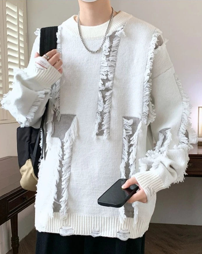 Men's Knit Sweater with Holes Autumnr and Winter Aesthetic Woven Korean Knitwear Popular Clothes Y2k Round Collar Pullovers Male