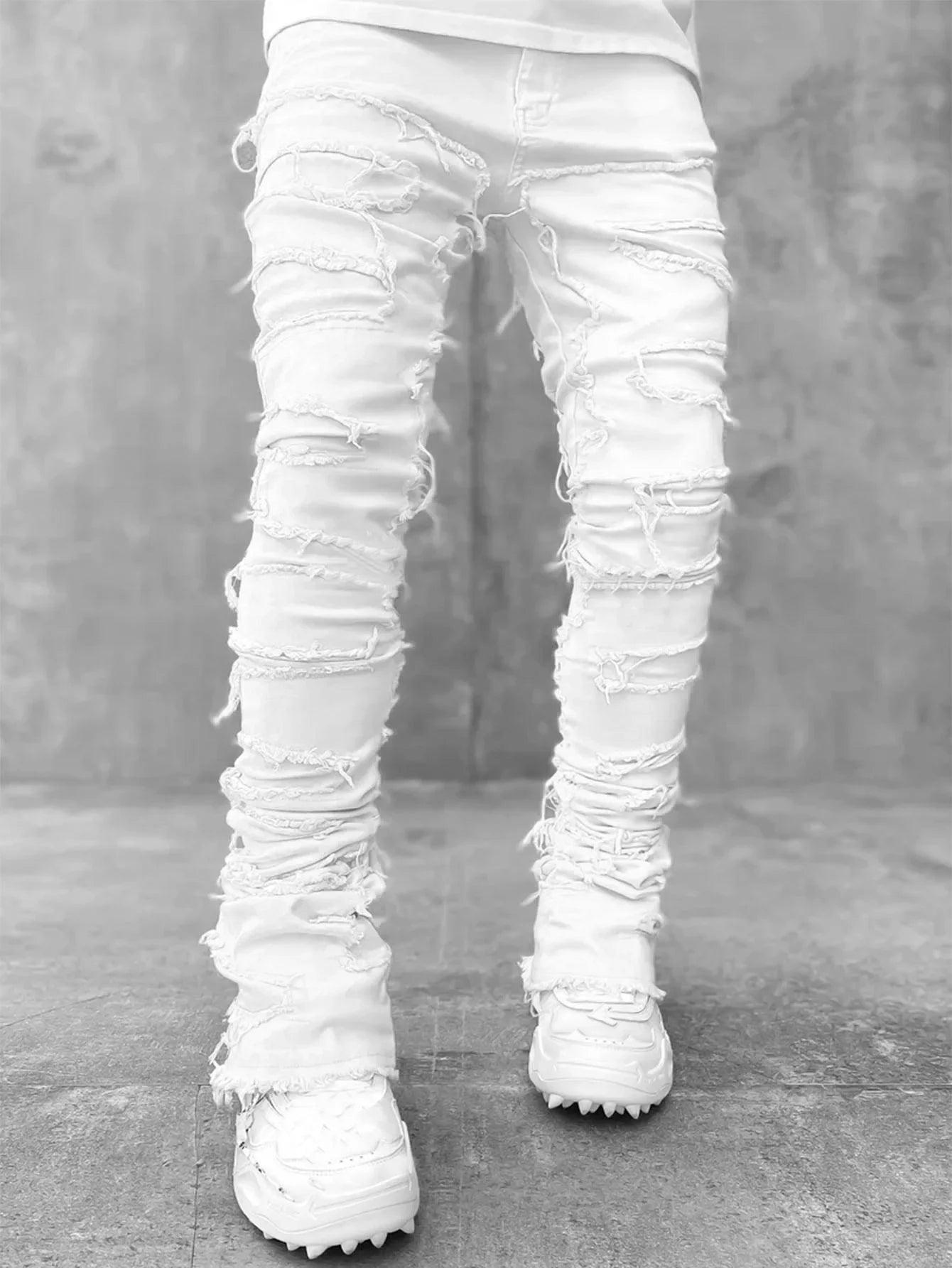Ripped Slim Fit Destroyed Straight Denim Cloud White