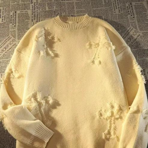 Winter Cross-Ripped Sweater Round Neck Pullover Yellow