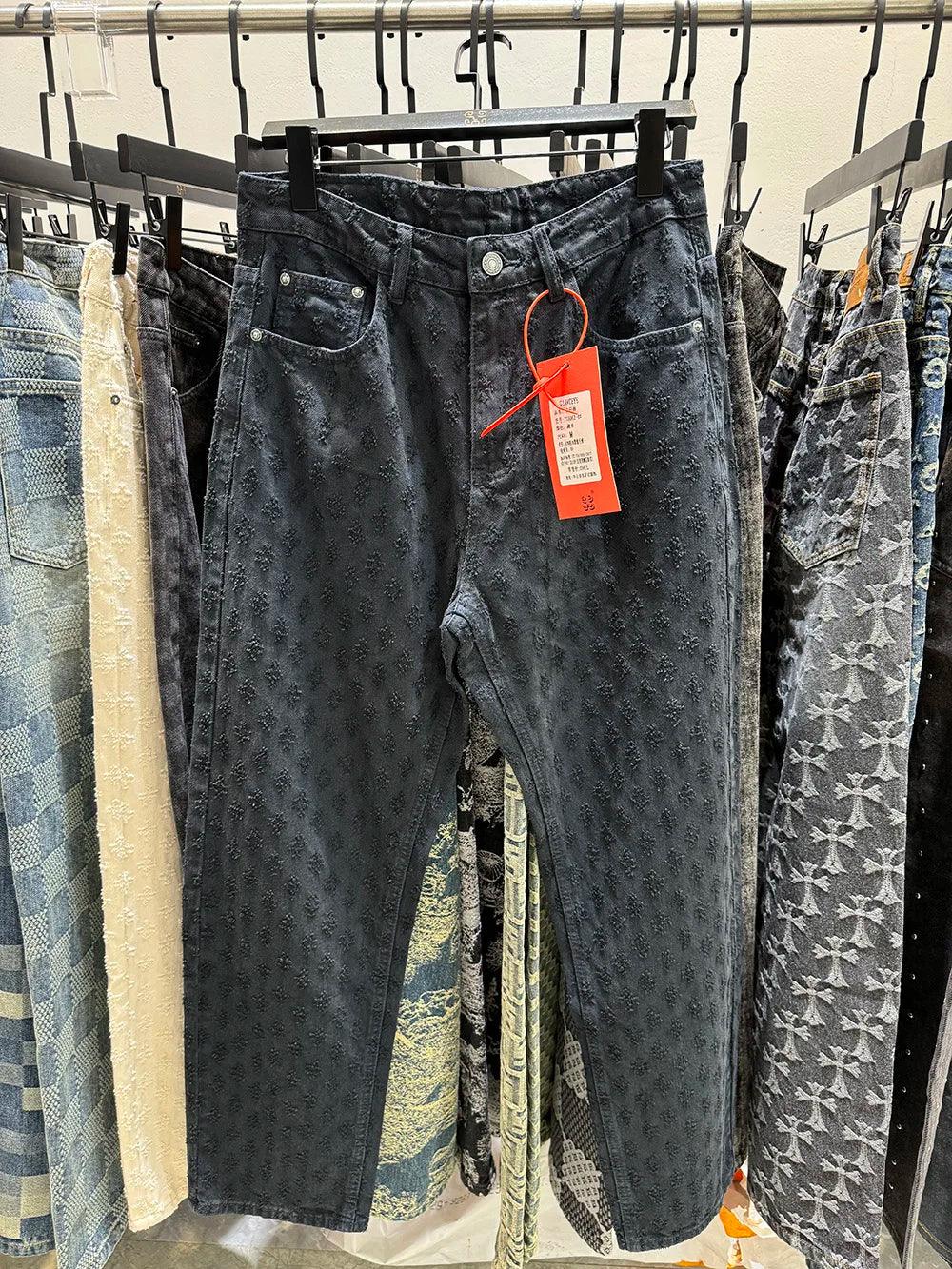 Jacquard Pattern | Denim Baggy Bottoms Distressed Deep Blue