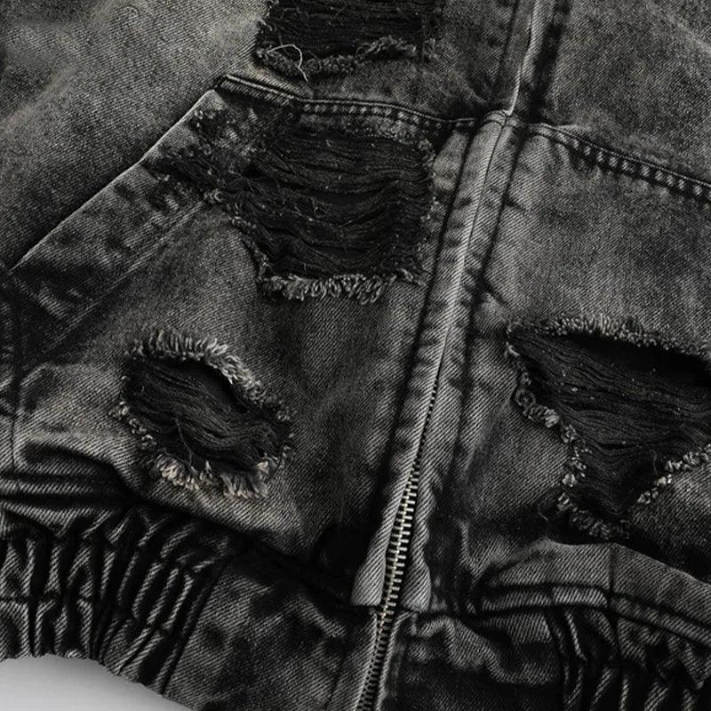 Wasteland Style Washed & Damaged Hooded Denim Jacket