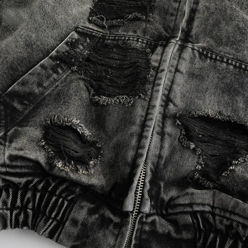 Wasteland Style Washed & Damaged Hooded Denim Jacket - Amplify