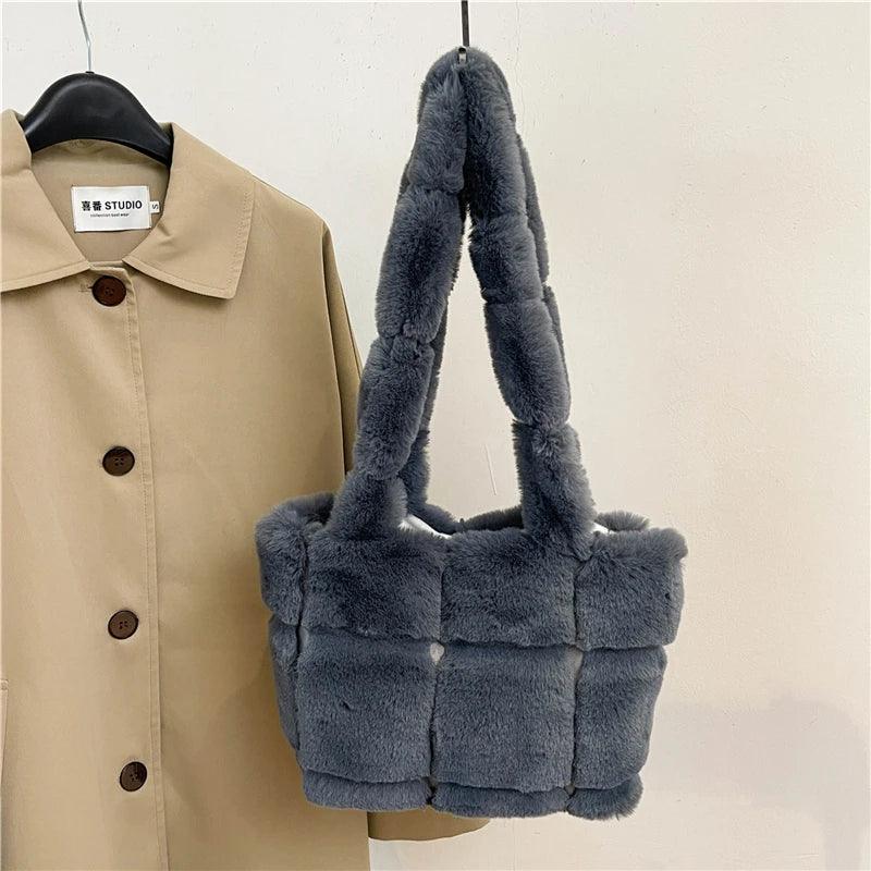 Designer Fuzzy Plush Shoulder Bag Grey