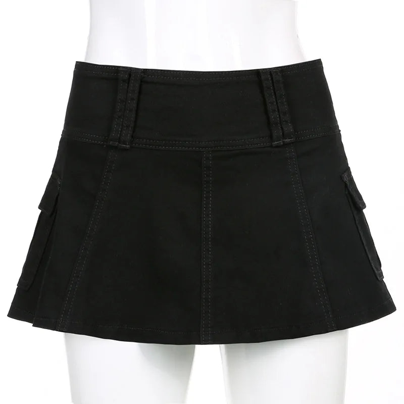 Women's Gothic Mini Skirt | Low Rise Black Pocket Patchwork - Amplify