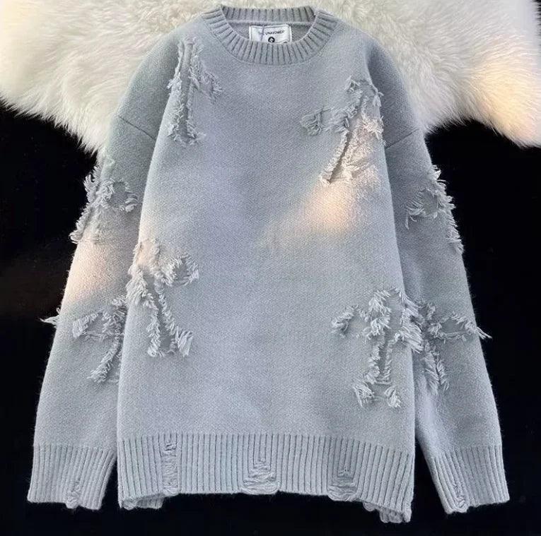 Winter Cross-Ripped Sweater Round Neck Pullover GRAY