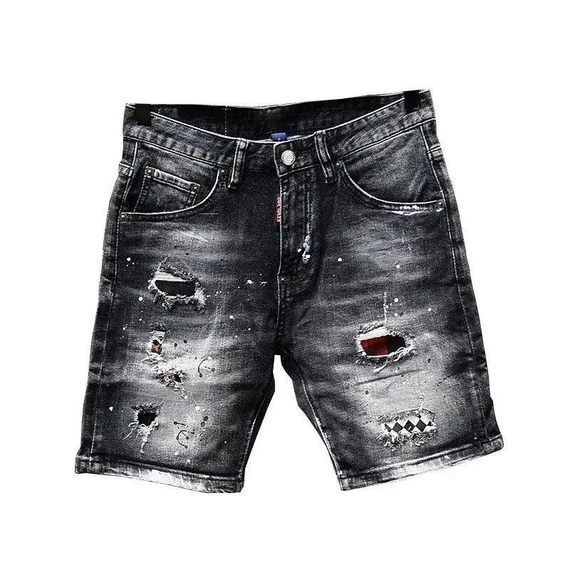 Black Plaid Patches and Painted Denim Shorts