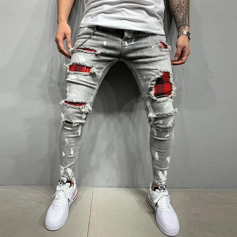 New Skinny Ripped Jeans w/ Grid Hole Plaid Patches - Amplify