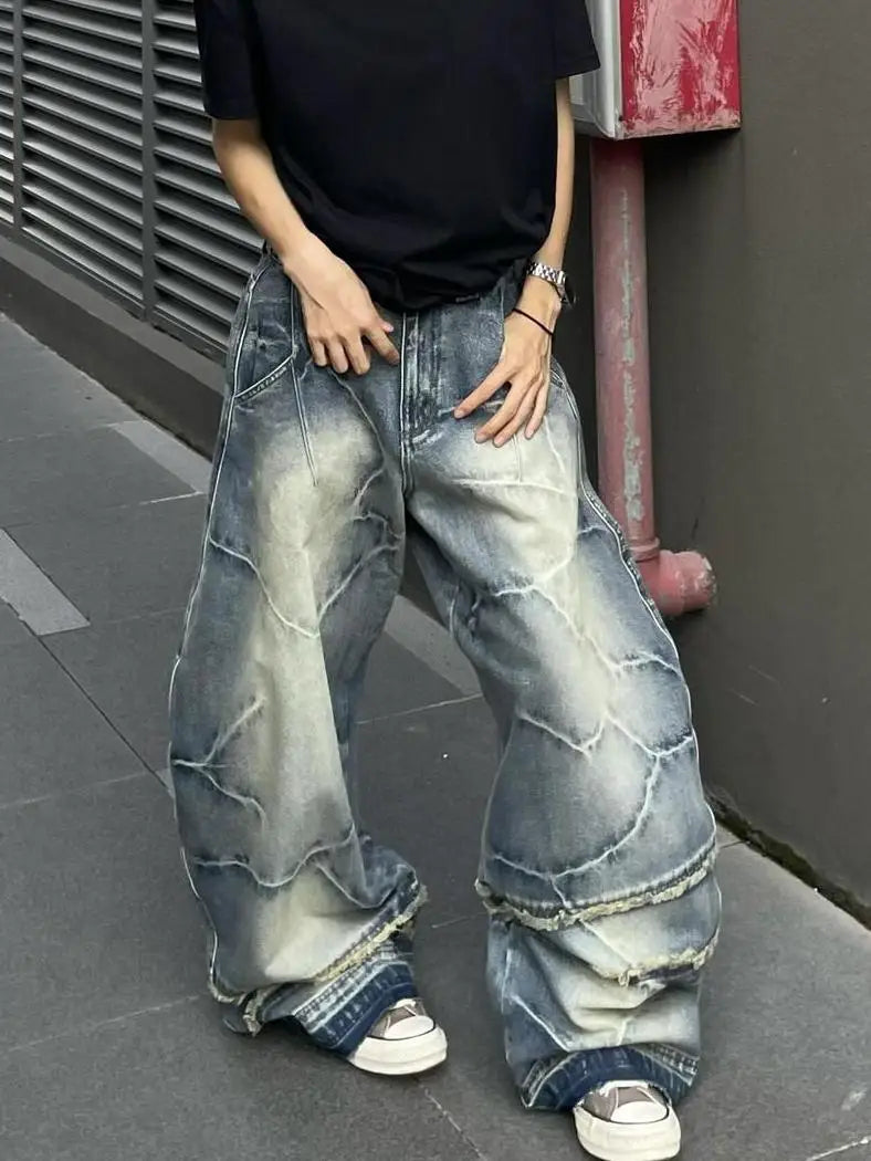 Y2K American Chic Lightning Textured Bristled Wide-leg Loose Jeans Women Gothic Retro Street Casual Jeans Couple Trousers Unisex