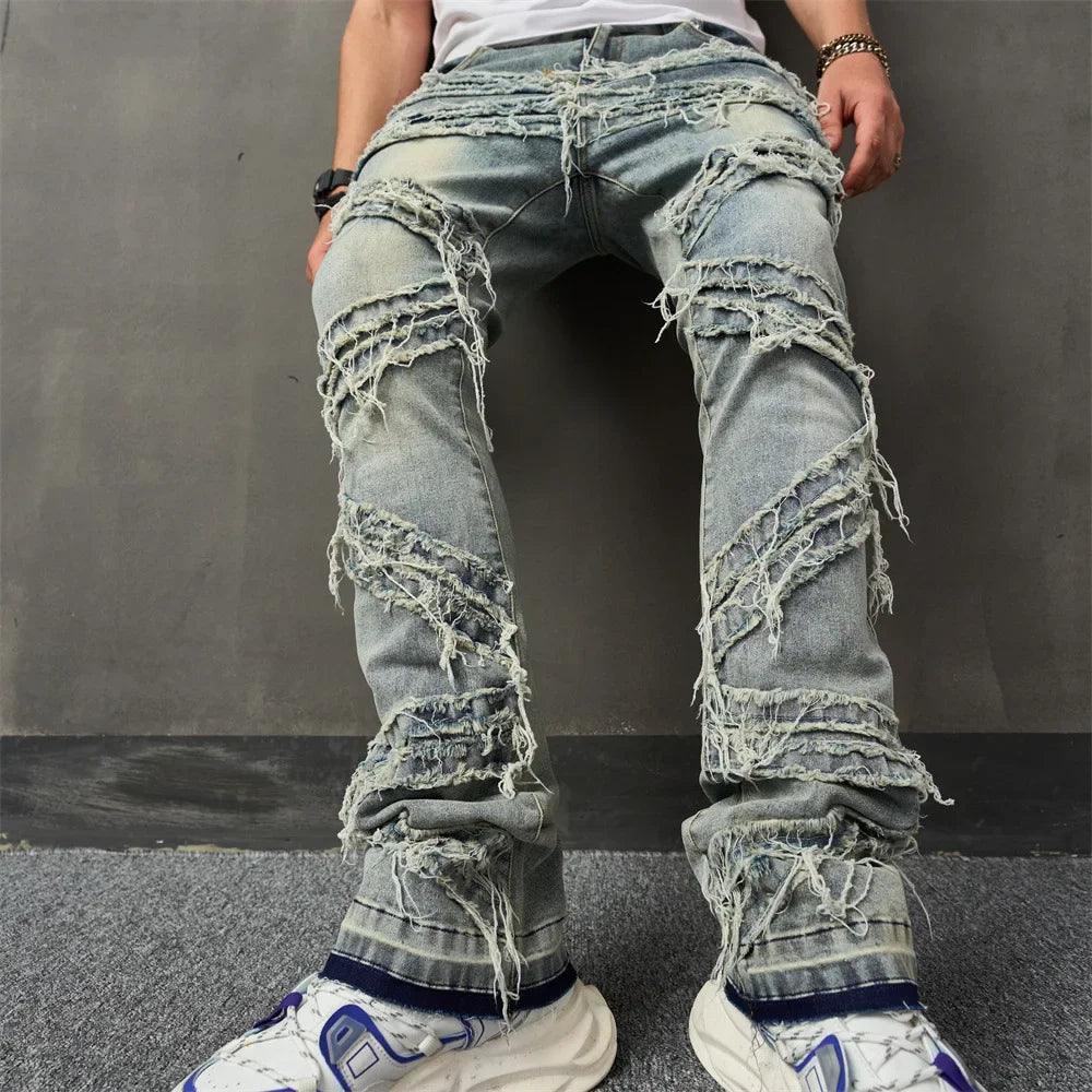 Ripped Stretchy Denim Streetwear Tearing Patchwork 708