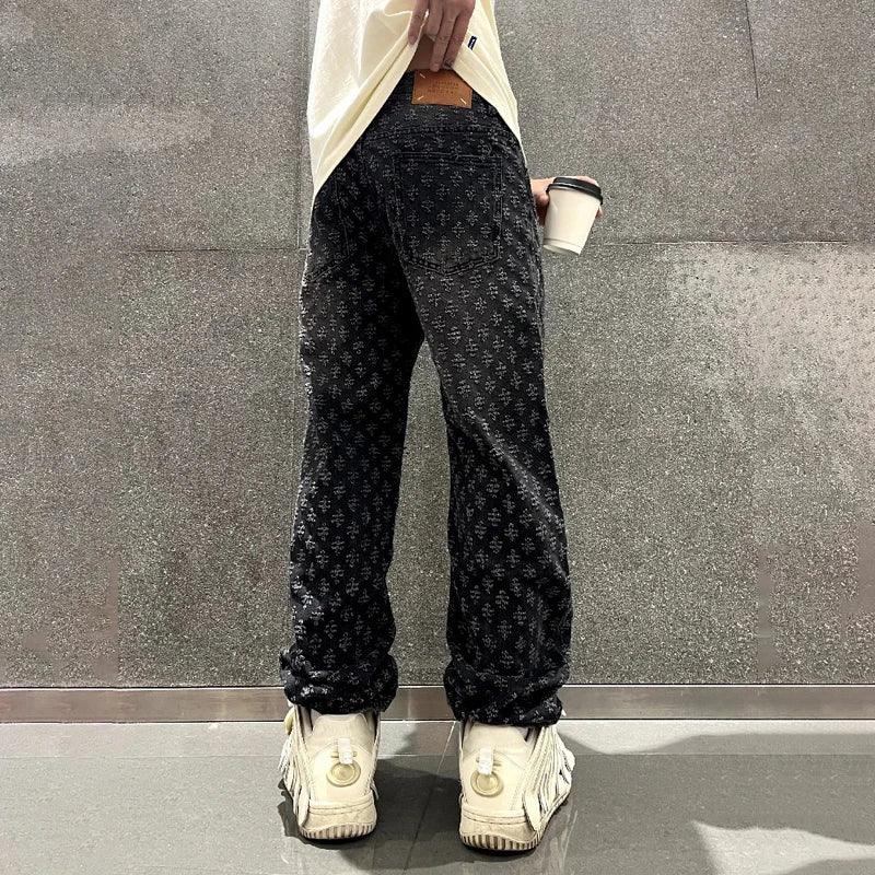 Jacquard Pattern | Denim Baggy Bottoms Distressed