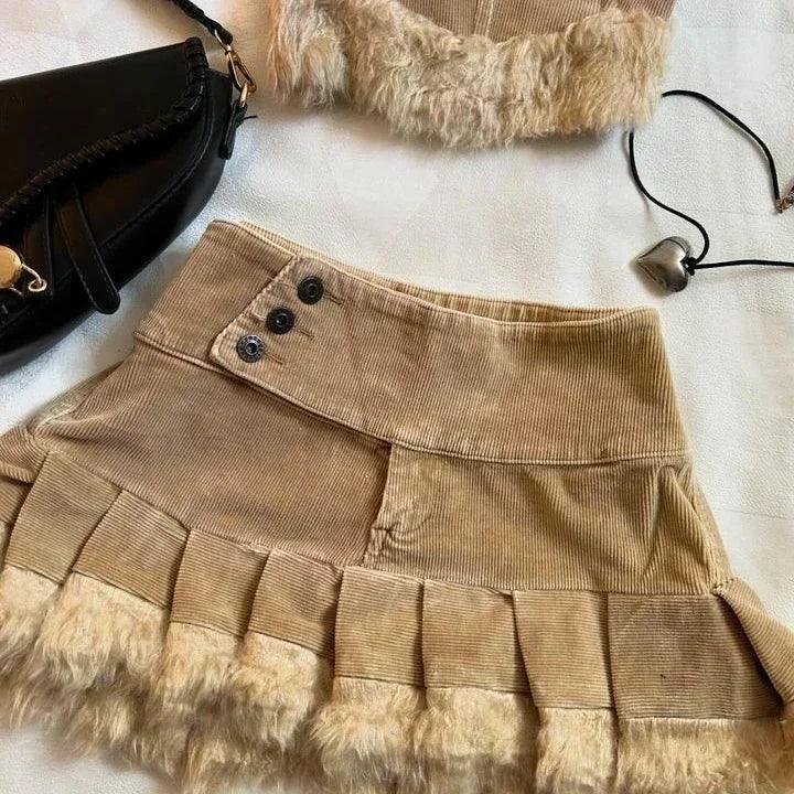 Leather Spliced Denim Black Two Piece Set | Gothic Long Sleeve Zipper Jacket Mini Pleated Skirt Skirt3
