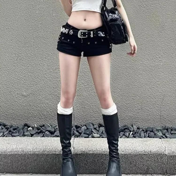 American Style Y2K Black Denim Shorts | Sexy Low Waist Curve