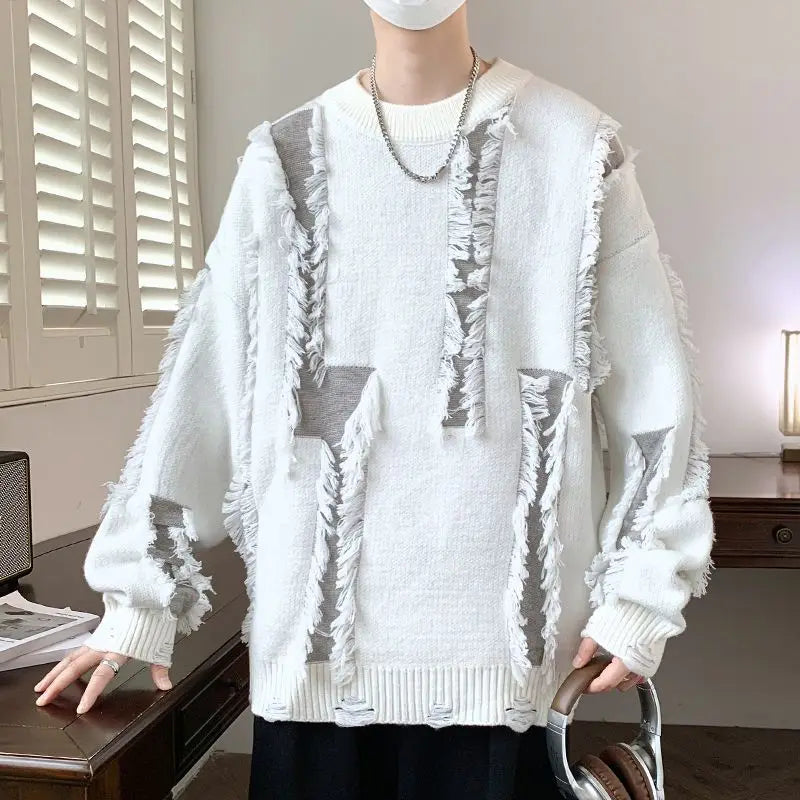 Men's Knit Sweater with Holes Autumnr and Winter Aesthetic Woven Korean Knitwear Popular Clothes Y2k Round Collar Pullovers Male