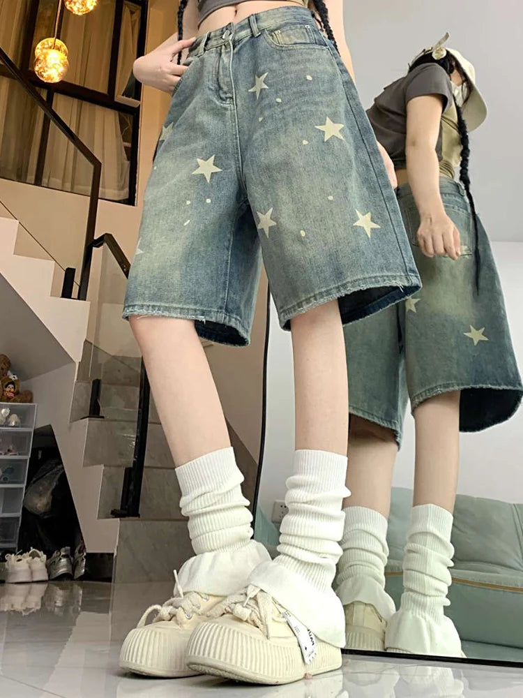High Waist Old Star Knee Length Shorts