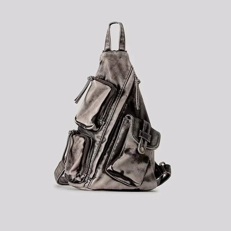 Designer Backpack | Soft Washed Leather Sling, Vintage, Multi-pocket grey 30x13x37 cm